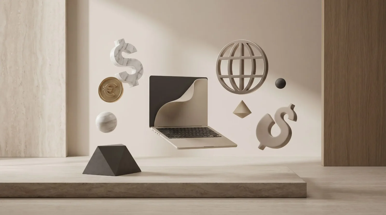 Illustration 3D minimaliste représentant un ordinateur portable et des symboles de finance digitale flottants dans un univers premium et technologique.
