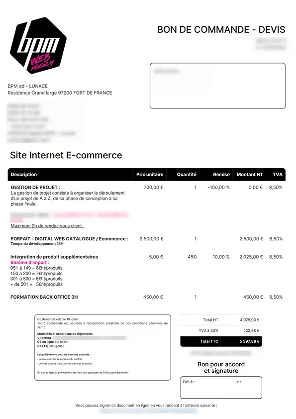 Devis détaillé pour la création d'un site e-commerce et de services associés par une agence web.