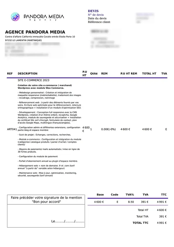 Un devis détaillé pour la création de site web e-commerce en Martinique, avec les services et prix HT/TTC.