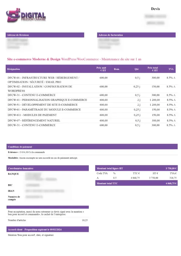 Un devis détaillé pour la création et la maintenance annuelle d'un site e-commerce WordPress, avec les coûts HT et TTC.