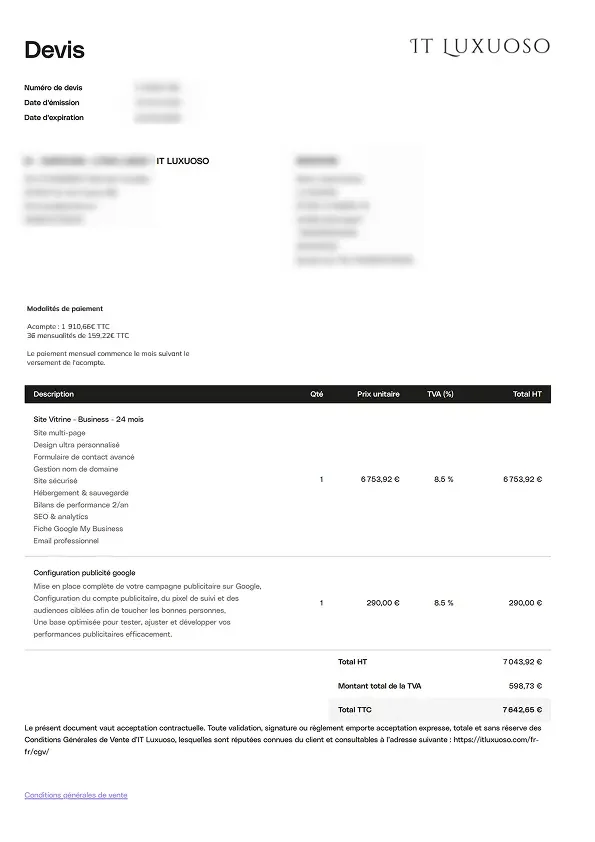 Devis détaillé d'IT Luxuoso pour un site vitrine business et campagne pub Google.